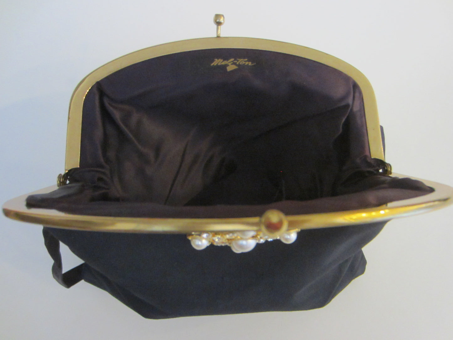 Mel Ton Navy Blue Fabric Evening Purse Brass Hardware Ball Closure - Designer Unique Finds 