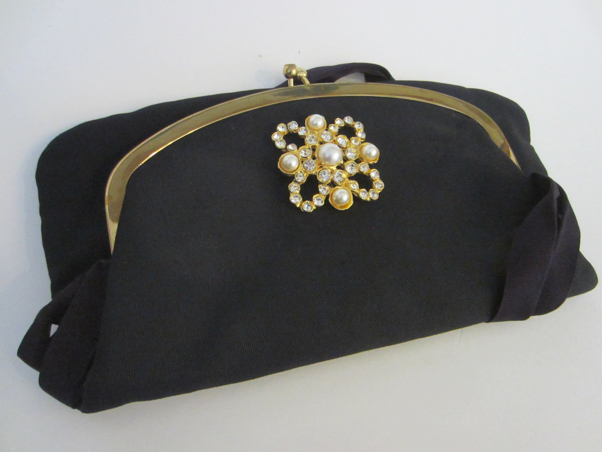 Mel Ton Navy Blue Fabric Evening Purse Brass Hardware Ball Closure - Designer Unique Finds 