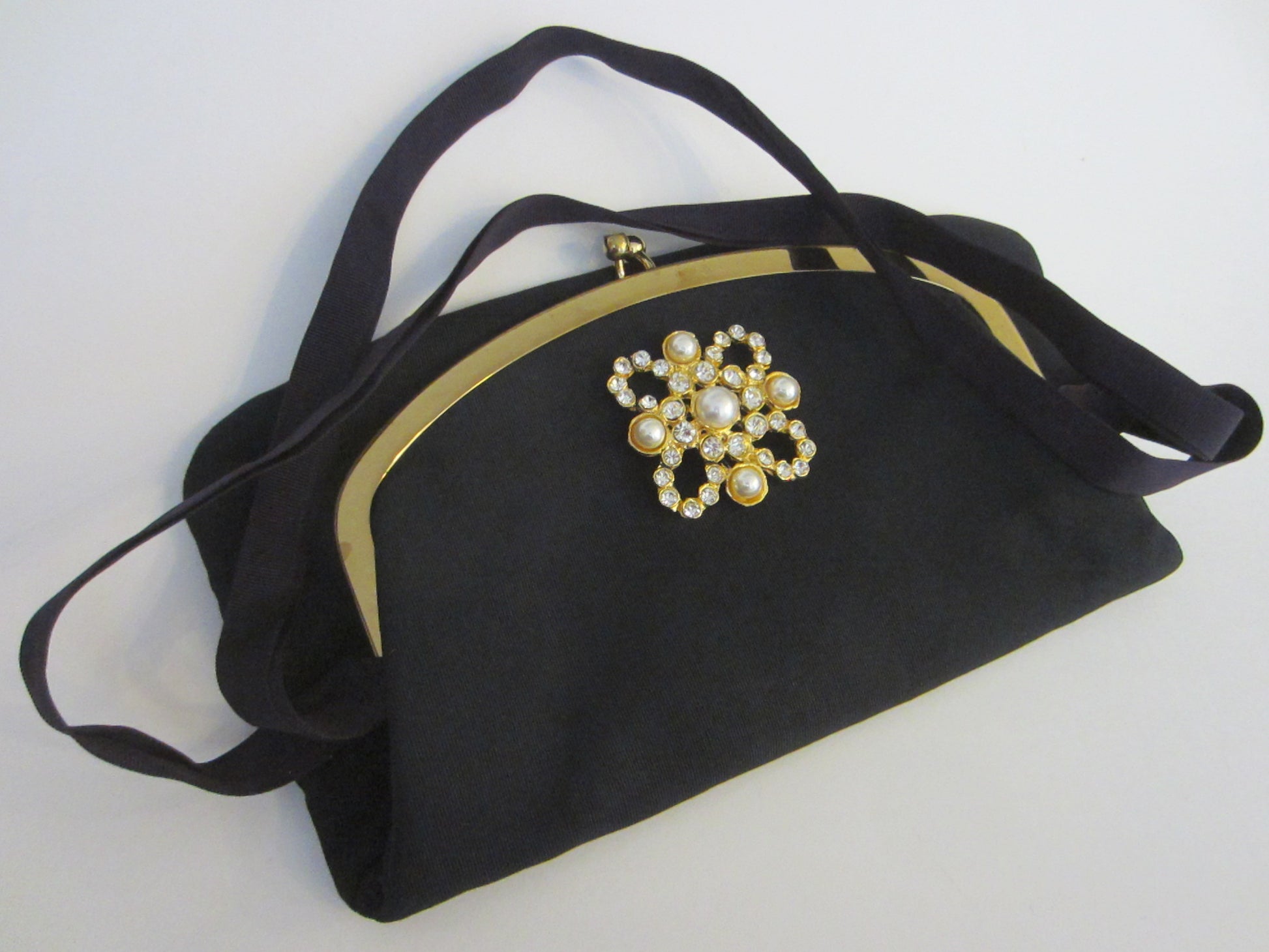 Mel Ton Navy Blue Fabric Evening Purse Brass Hardware Ball Closure - Designer Unique Finds 