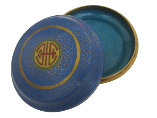 Blue Cloisonne Box Center Asian Monograms Gilt Decorated Medallions - Designer Unique Finds 