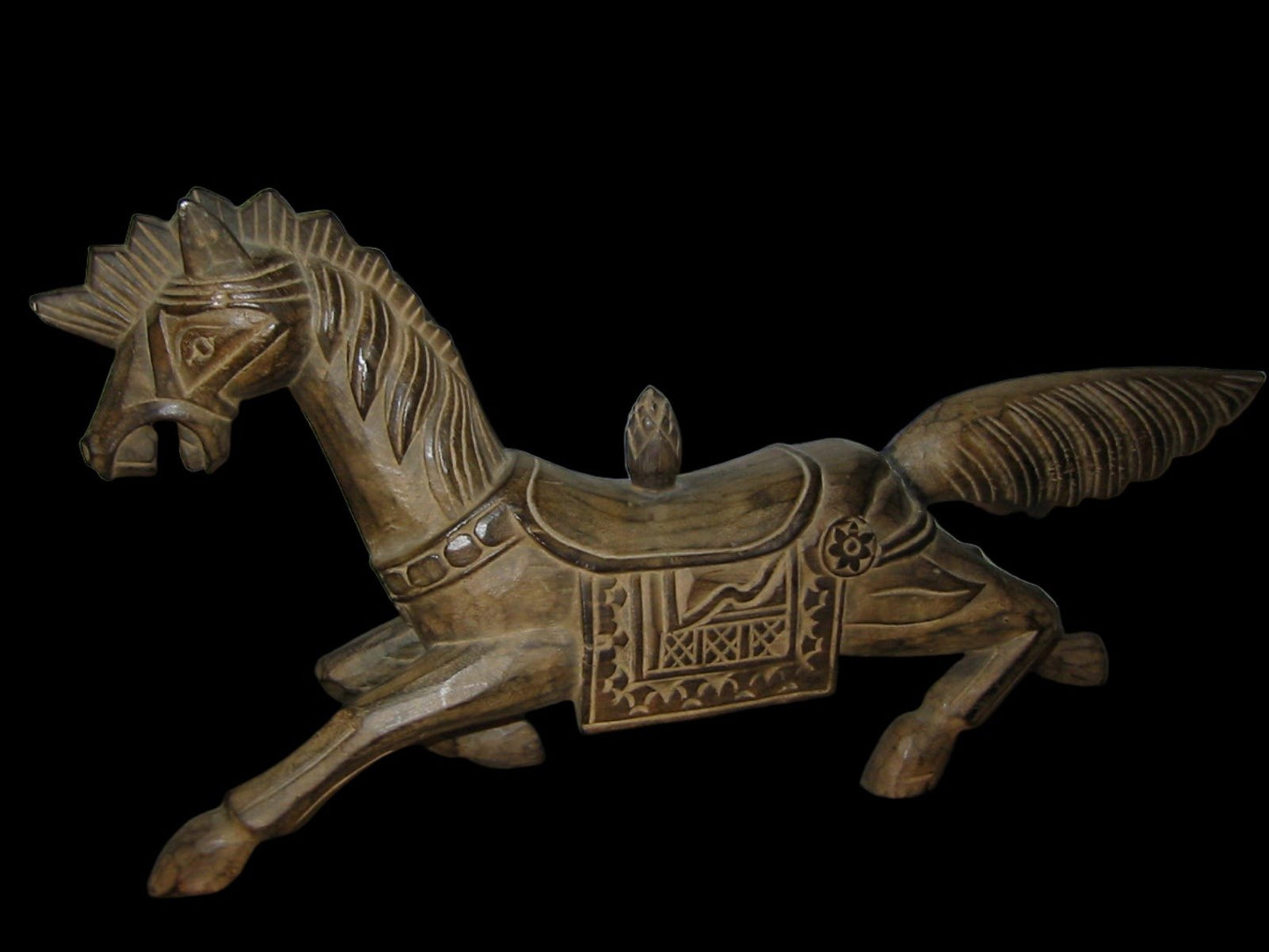 Folk Art Wild Running Horse Wood Carving Equestrian Sculpture - Designer Unique Finds 