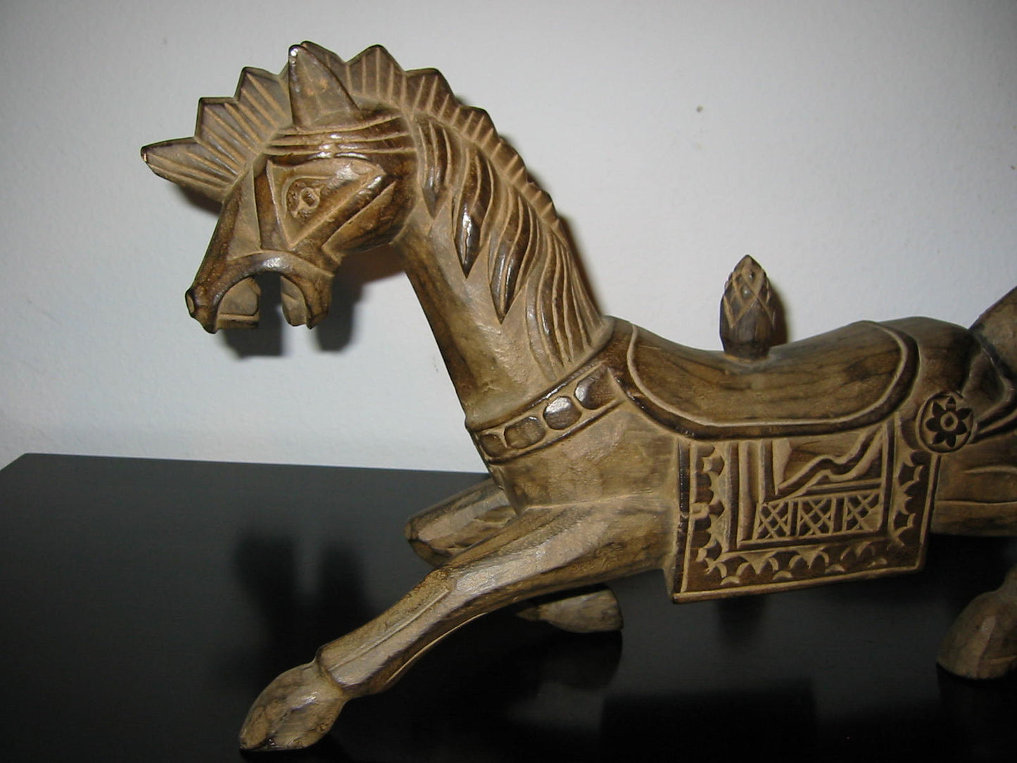 Folk Art Wild Running Horse Wood Carving Equestrian Sculpture - Designer Unique Finds 