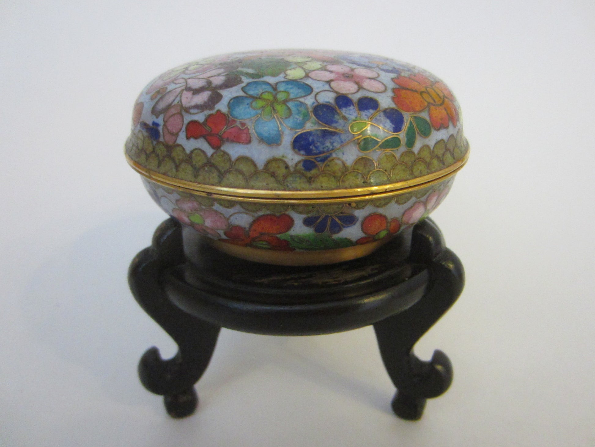 Asian Cloisonne Bronze Powder Box Red Lotus - Designer Unique Finds 