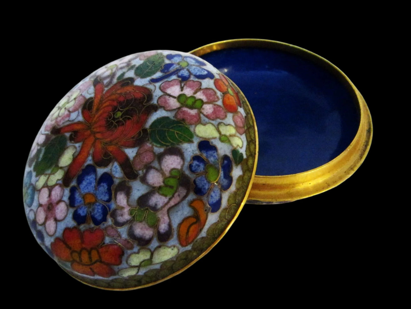 Bronze Asian Cloisonne Powder Box Red Lotus - Designer Unique Finds 