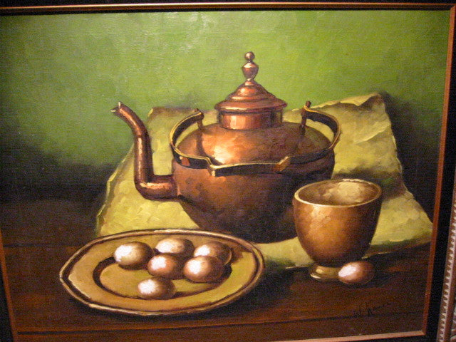 W Kance Still Life Urbanism Oil On Canvas Eggs Copper Teapot Signed - Designer Unique Finds 