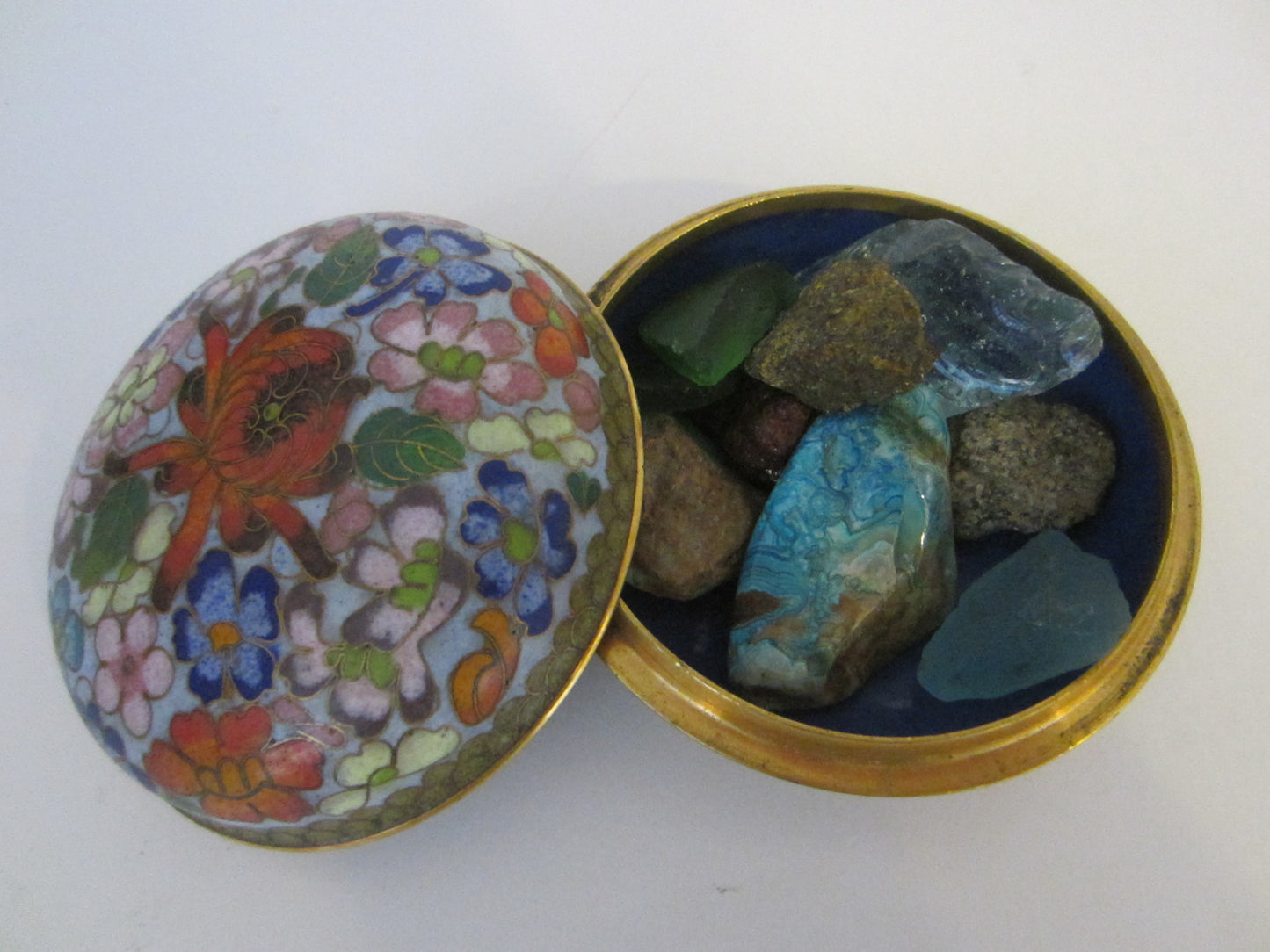 Asian Cloisonne Jewelry Box Red Lotus Enamel Floral Surrounding - Designer Unique Finds 