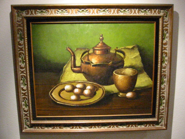 W Kance Still Life Urbanism Oil On Canvas Eggs Copper Teapot Signed - Designer Unique Finds 