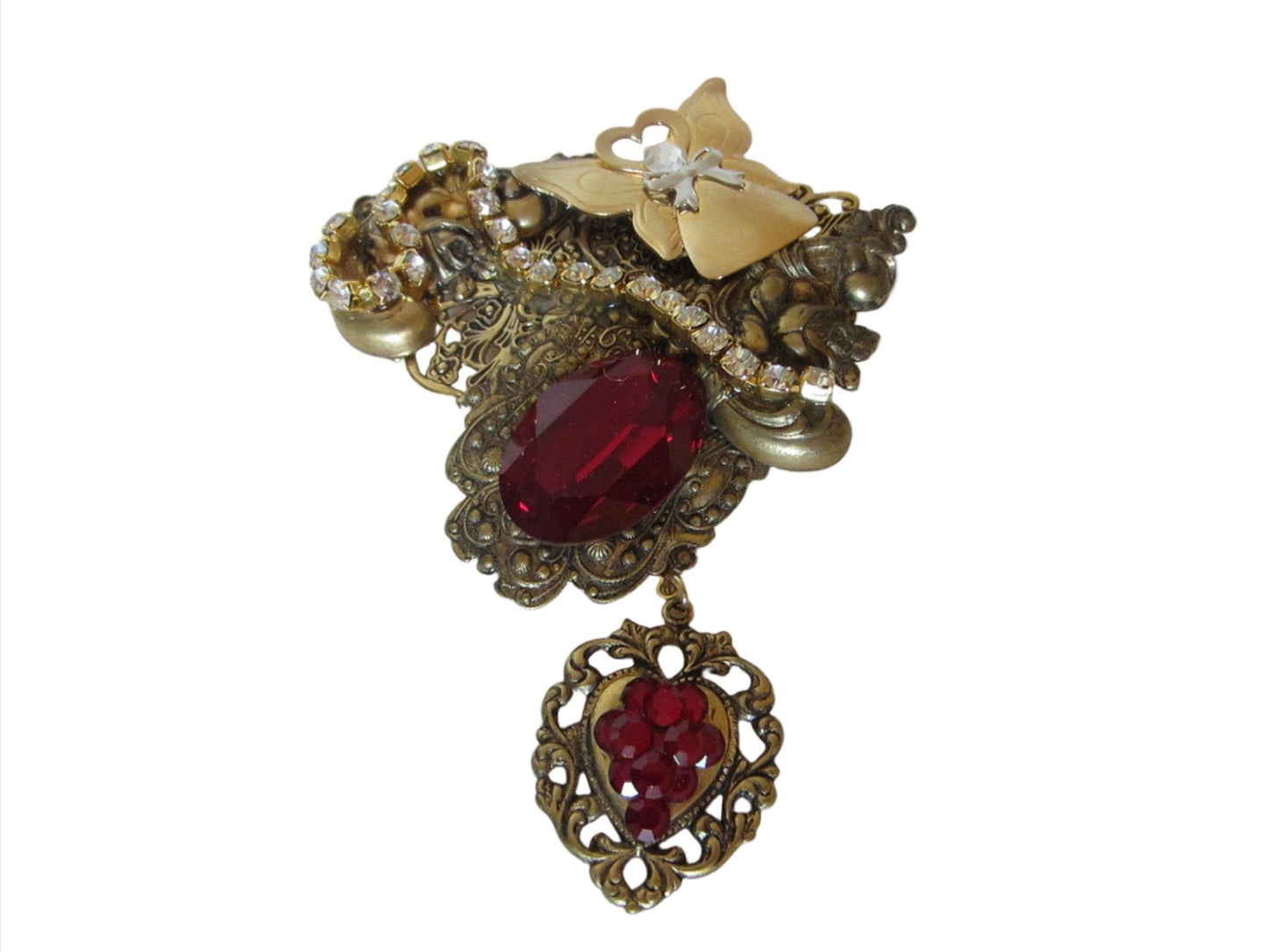 Jane Golden Brooch Romantic Red Cabochon Heart Pendant - Designer Unique Finds 