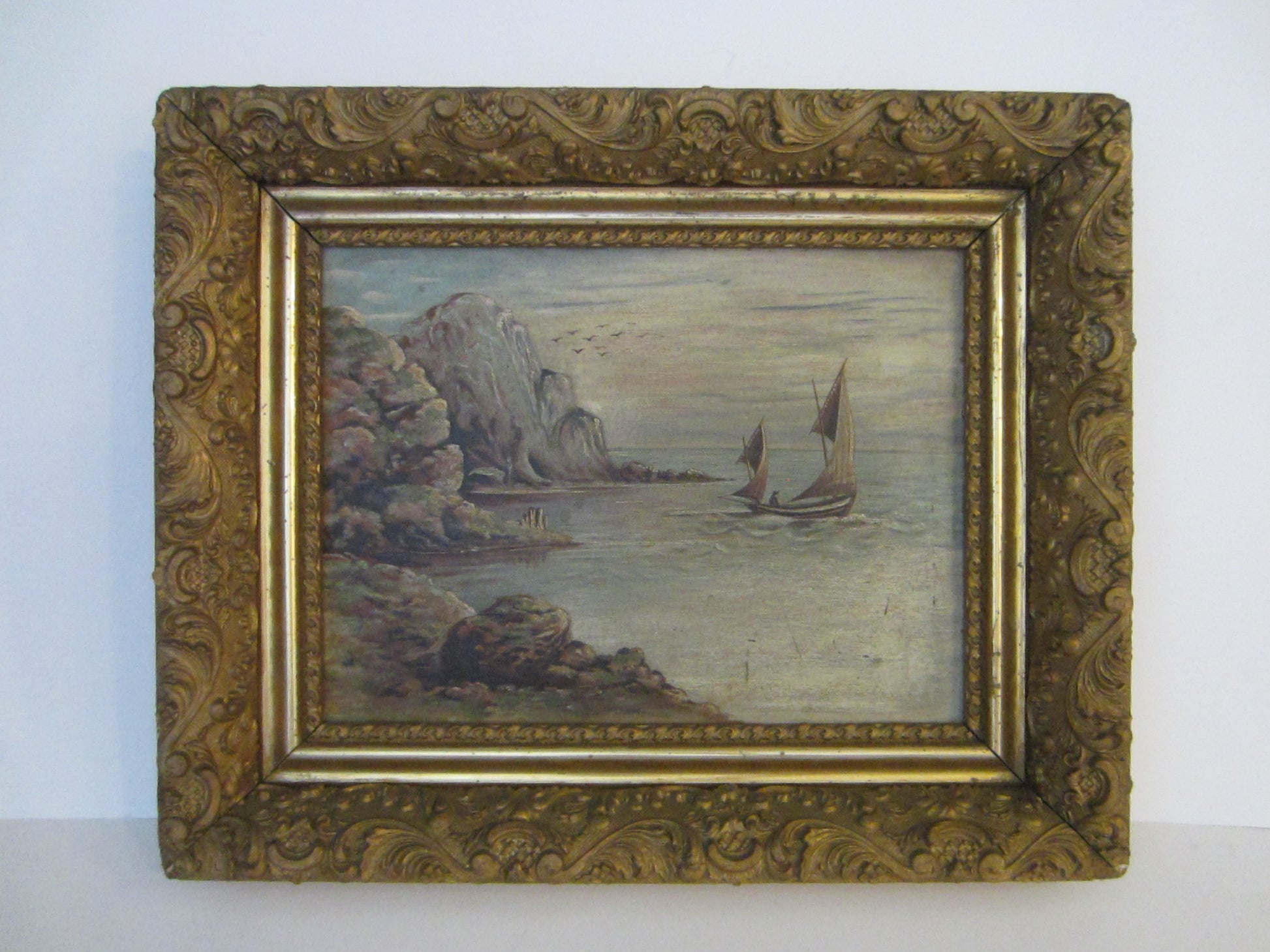 Sailing At Ocean Oil On Board Gilt Wood Heavily Ornate Frame - Designer Unique Finds 