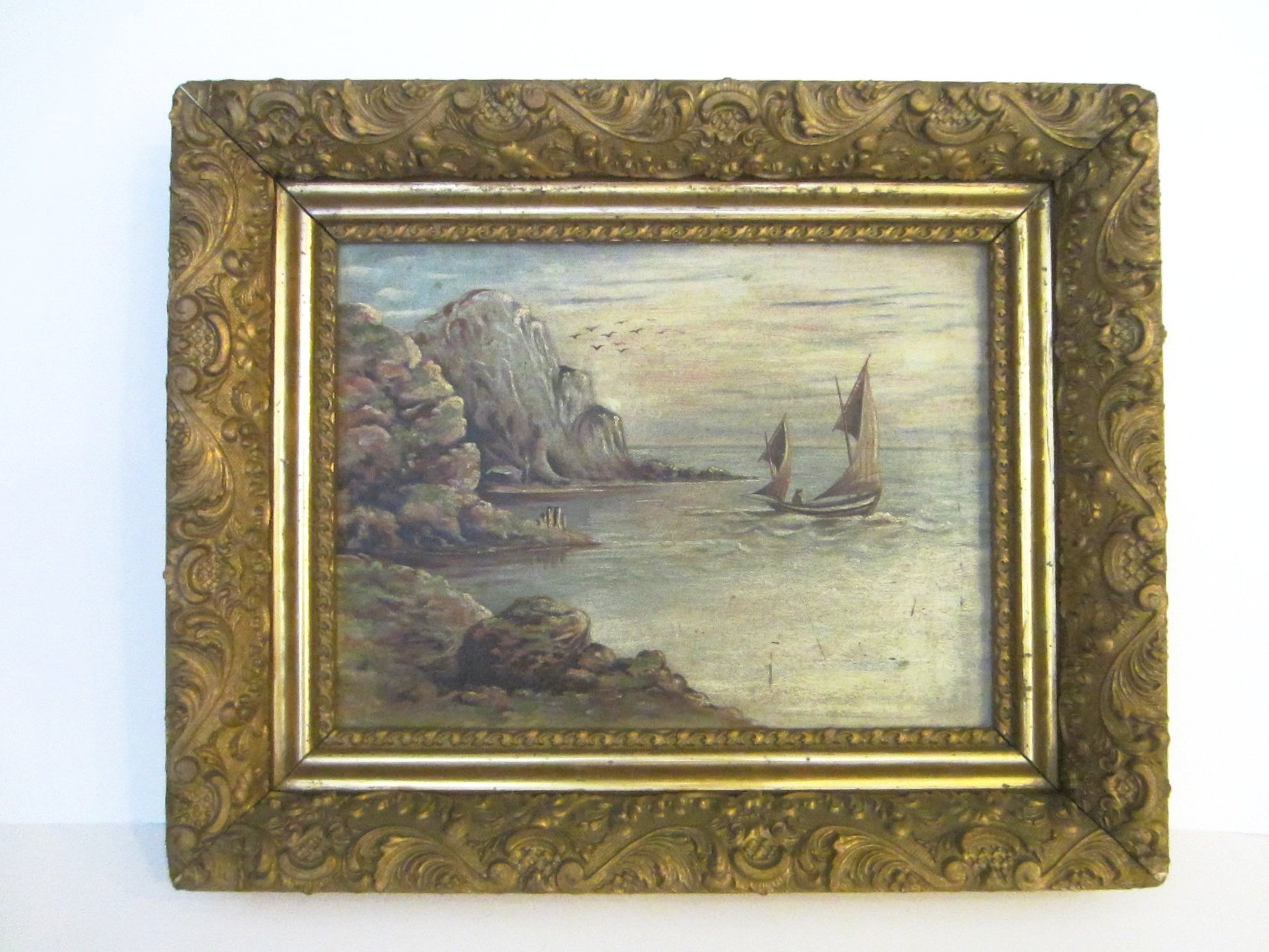 Sailing At Ocean Oil On Board Gilt Wood Heavily Ornate Frame - Designer Unique Finds 