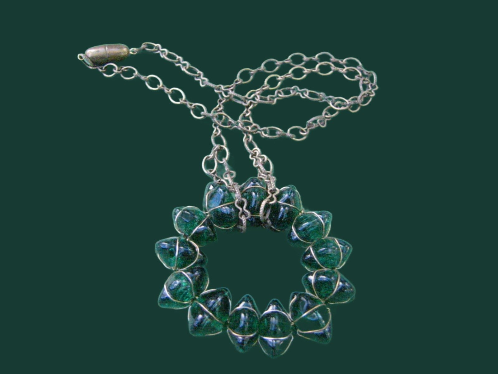 Venetian Green Glass Pendant Folk Art Link Necklace - Designer Unique Finds 