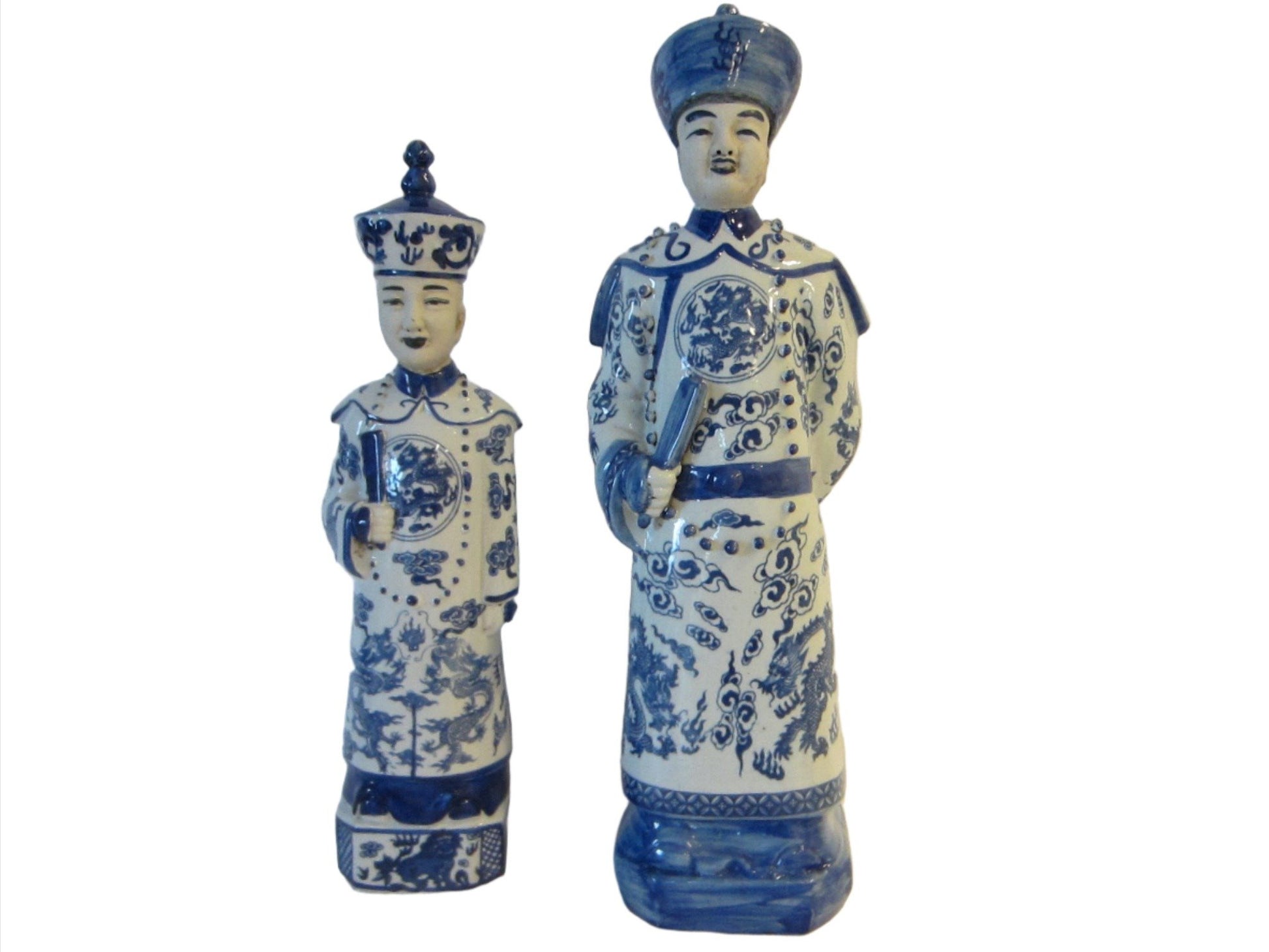 Asian Chinoiserie Blue White Transferred Ceramic Signed Traditional Figures