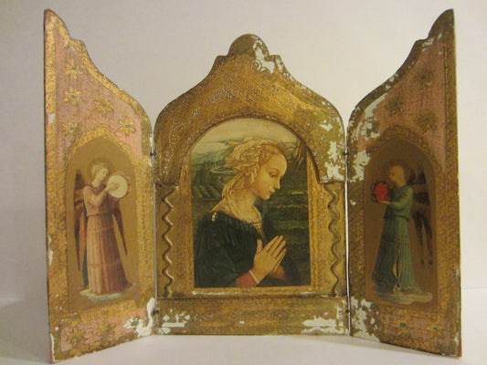 F Lippi Madonna Florence Italy Tole Triptych Gilt Decorated Marked