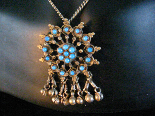 Mid Century Necklace Hand Wrought Blossom Turquoise Cluster - Designer Unique Finds 