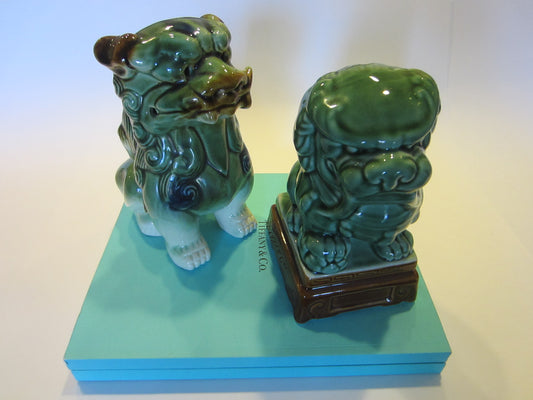 Asian Ceramic Foo Dogs Green Lion Pottery Sculptures