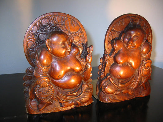 Asian Wood Buddha Bookends Decorated Carving Settled On Metal - Designer Unique Finds 
