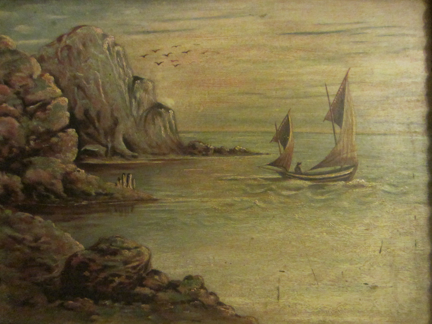 Sailing At Ocean Oil On Board Gilt Wood Heavily Ornate Frame - Designer Unique Finds 