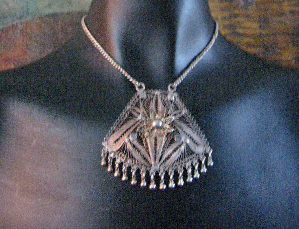 Silver Filigree Mesh Pendant Chain Necklace Floral Beading Decoration - Designer Unique Finds 