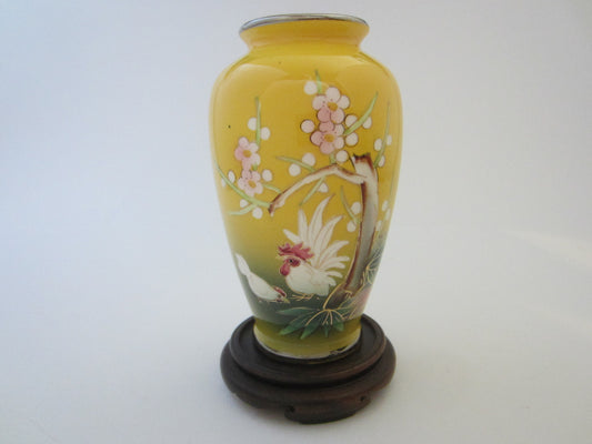 Yellow Porcelain Painted Rooster Flower Vase  W Japanese Cherry Blossoms - Designer Unique Finds 