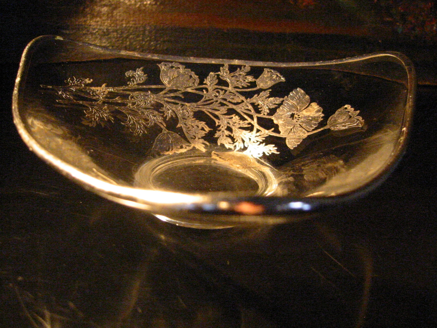 Silver Overlay Triangle Floral Glass Serving Dish