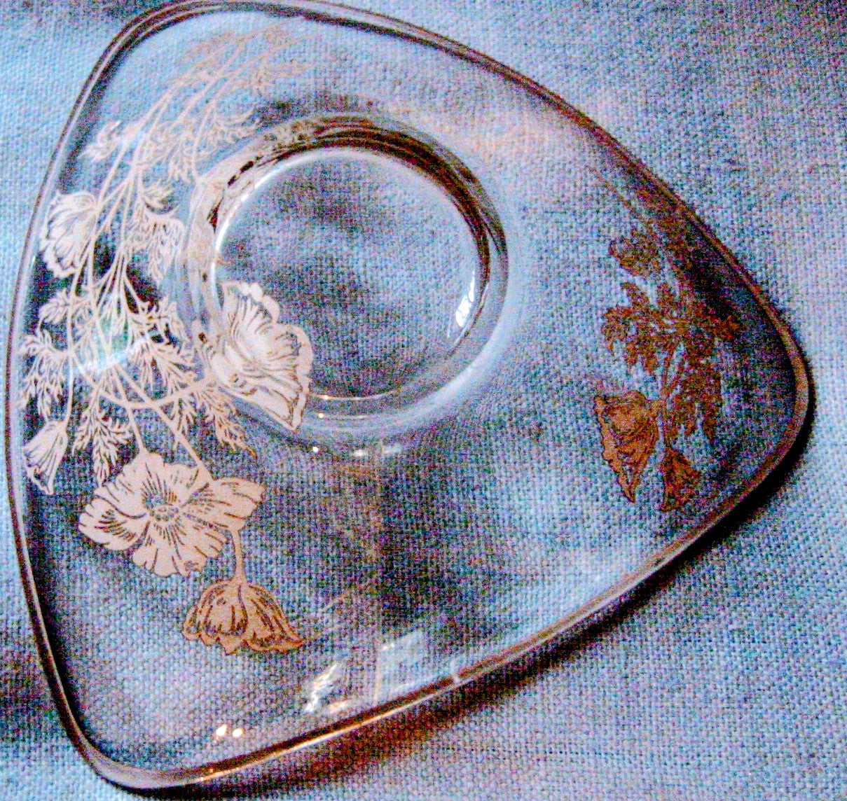 Silver Overlay Triangle Floral Glass Serving Dish