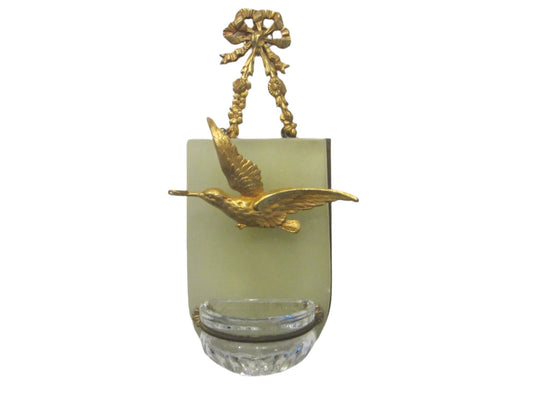 Folk Art Gilt Bronze Bird Marble Stone Holly Water Glass Font 