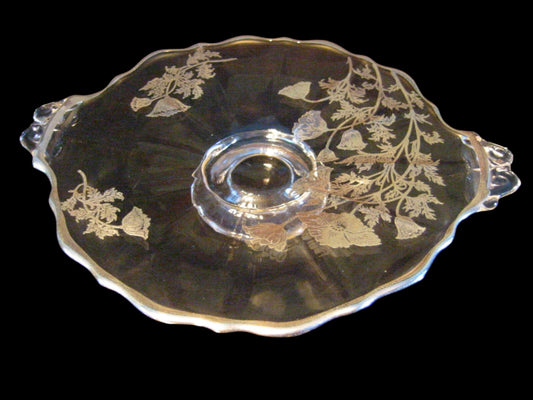 Elegant Glass Silver Floral Double Handles Round Serving Tray - Designer Unique Finds 