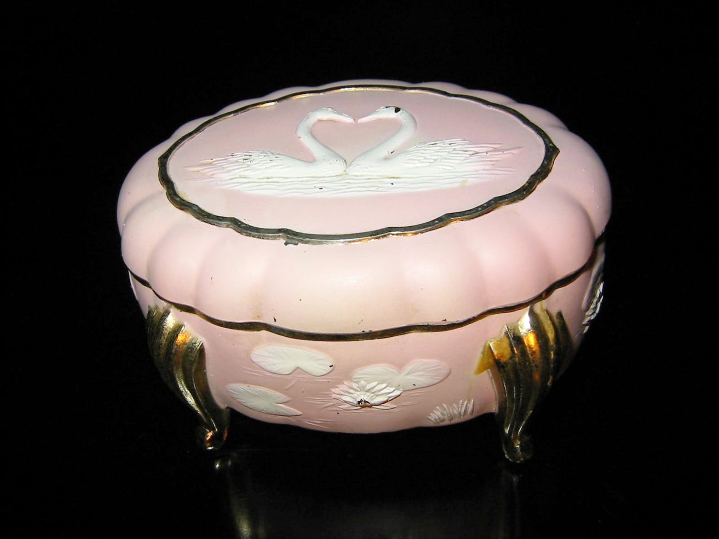 Japan Sankyo Musical Jewelry Box White Swans Gilt Decorated - Designer Unique Finds 