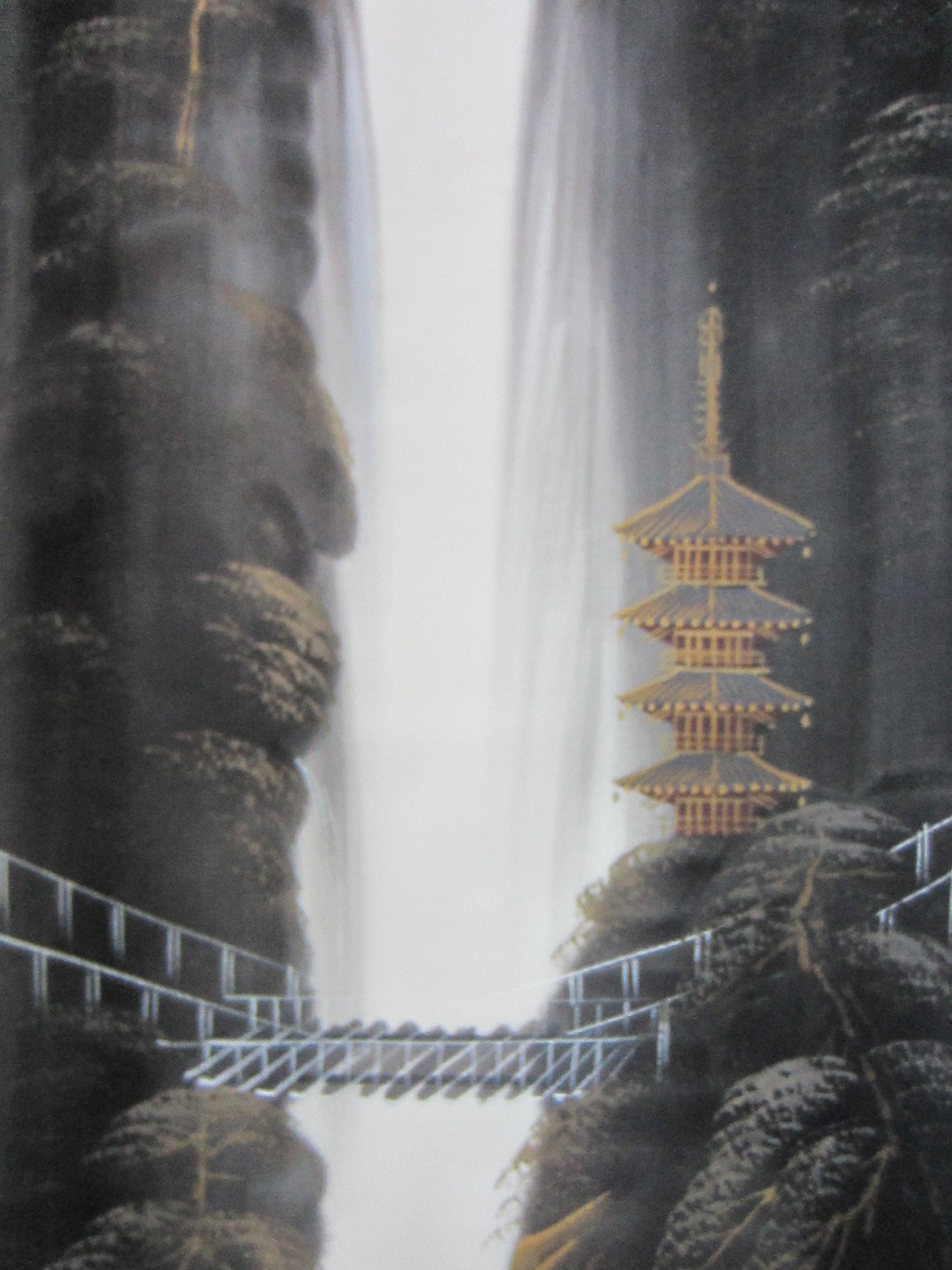 A Contemporary Bridge Waterfalls Painting On Silk Signed C HO