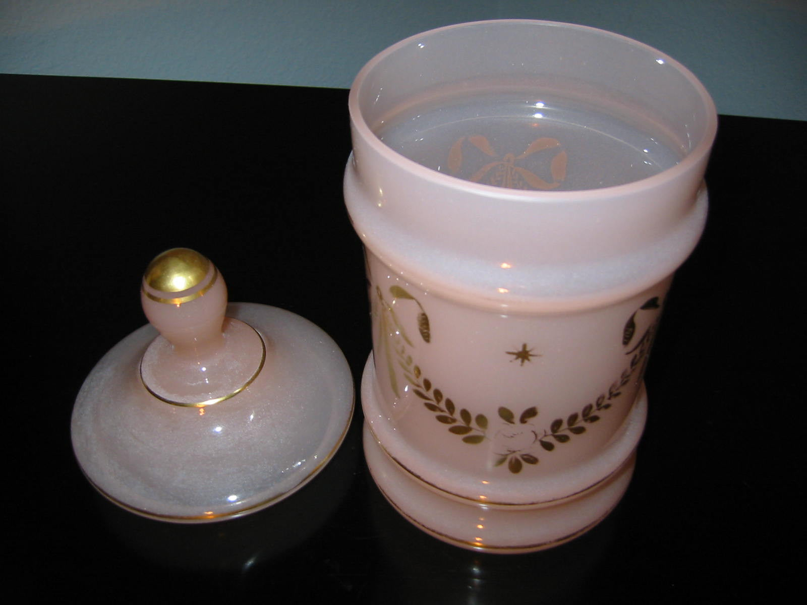 Pink Opaline Apothecary Germany Glass Jar Gilt Decorated - Designer Unique Finds 