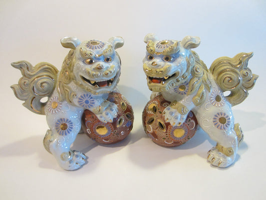 Asian Foo Dogs Satsuma Style Porcelain Statues Symbolized Marked Numbered