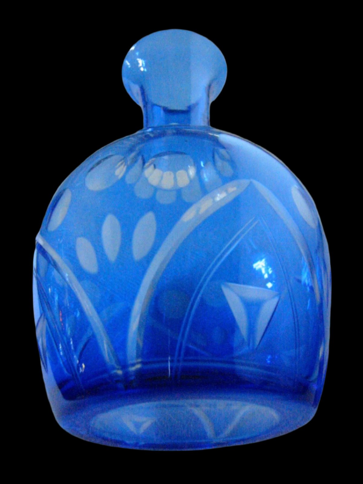 Hand Decorated Blue Glass Decanter Etched Flowers Art Deco Bud Vase - Designer Unique Finds 