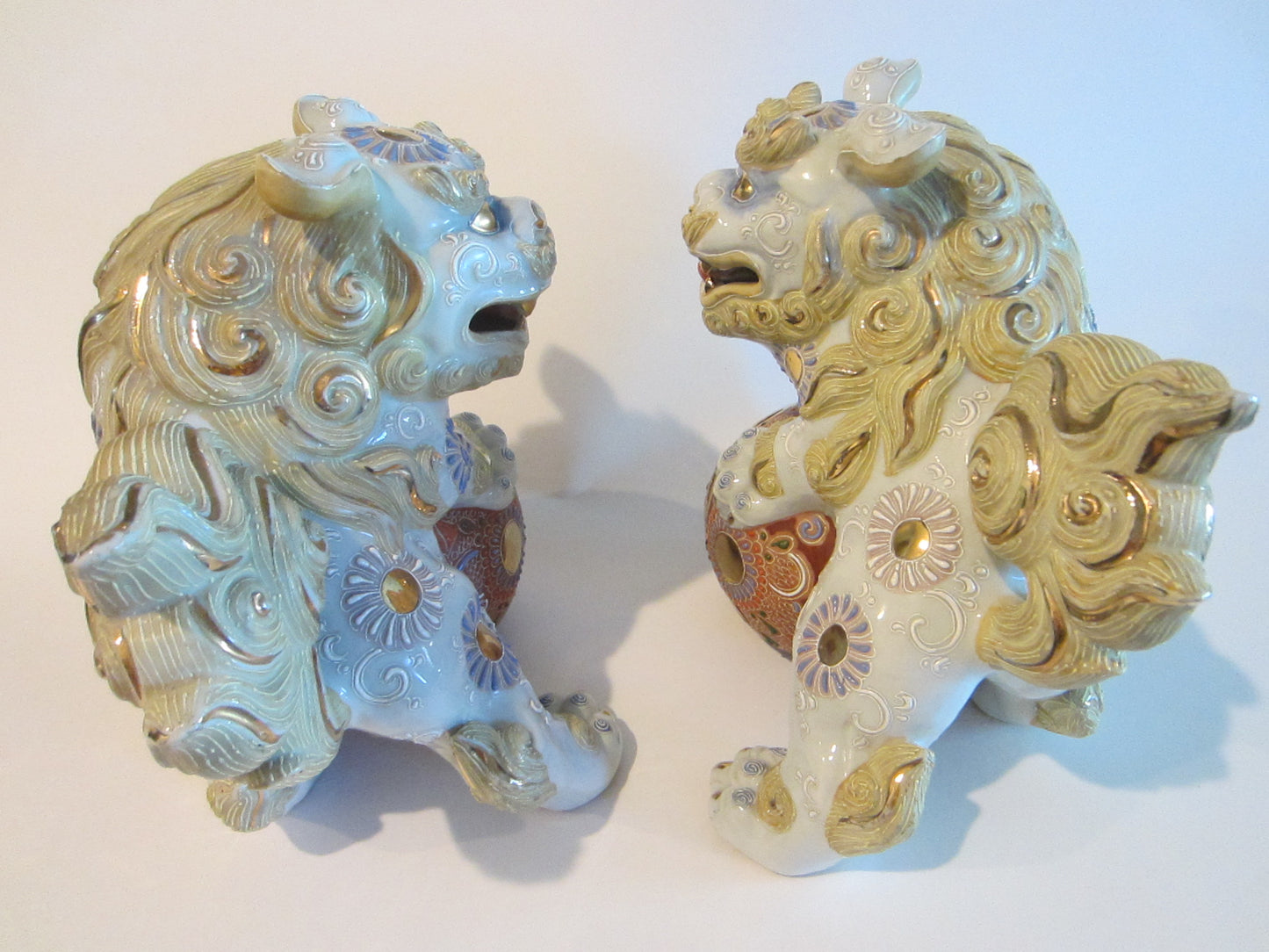 Asian Foo Dogs Satsuma Style Porcelain Statues Symbolized Marked Numbered