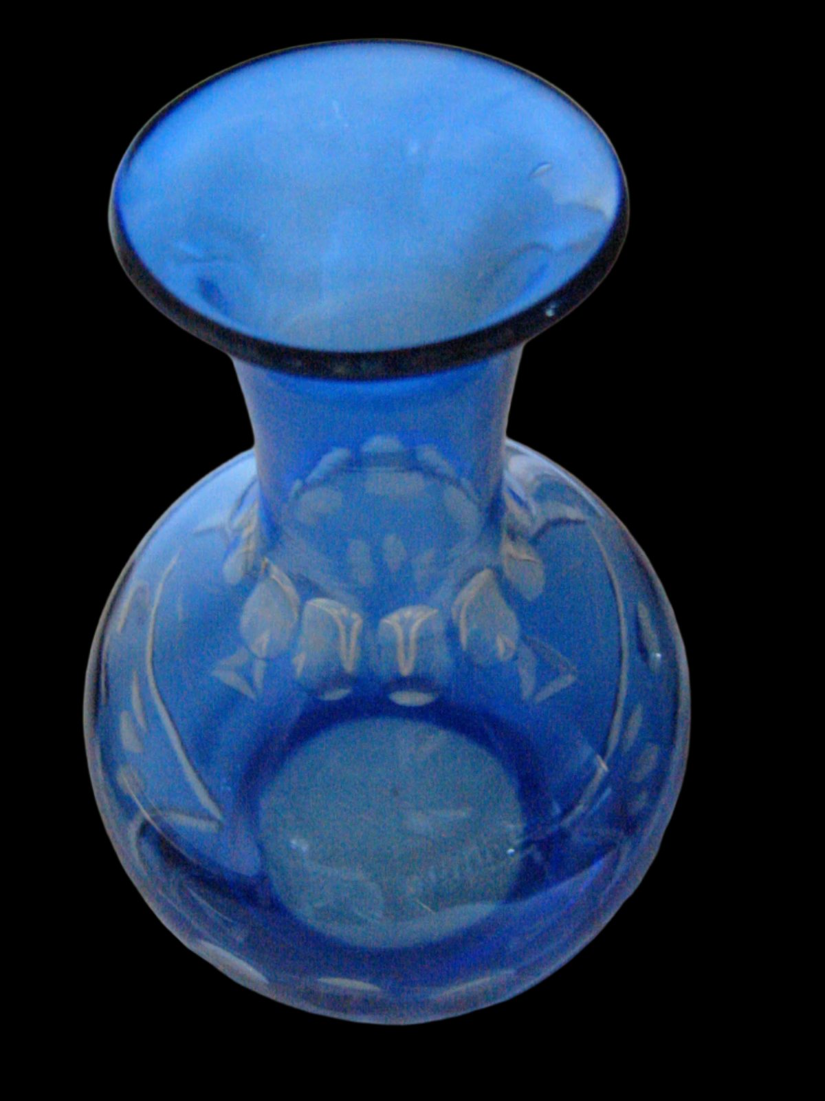 Blue Glass Decanter Hand Decorated Etched Flowers Art Deco Bud Vase - Designer Unique Finds 
 - 4