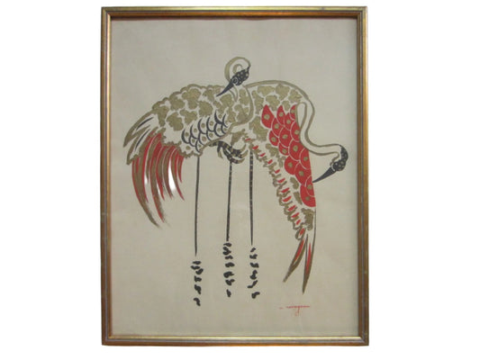 Egrets Gouache Gold Geometric Red Long Black Legs Exotic Birds Signed Drawing