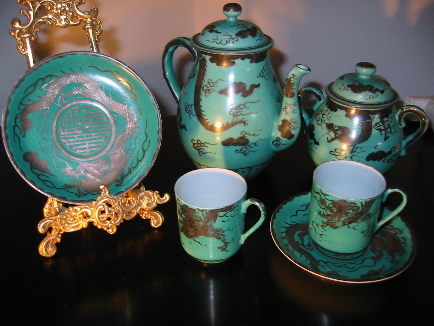 Brief Tea Set Turquoise Silver Dragon Attributed To Kanji Japan Porcelain - Designer Unique Finds 
 - 4