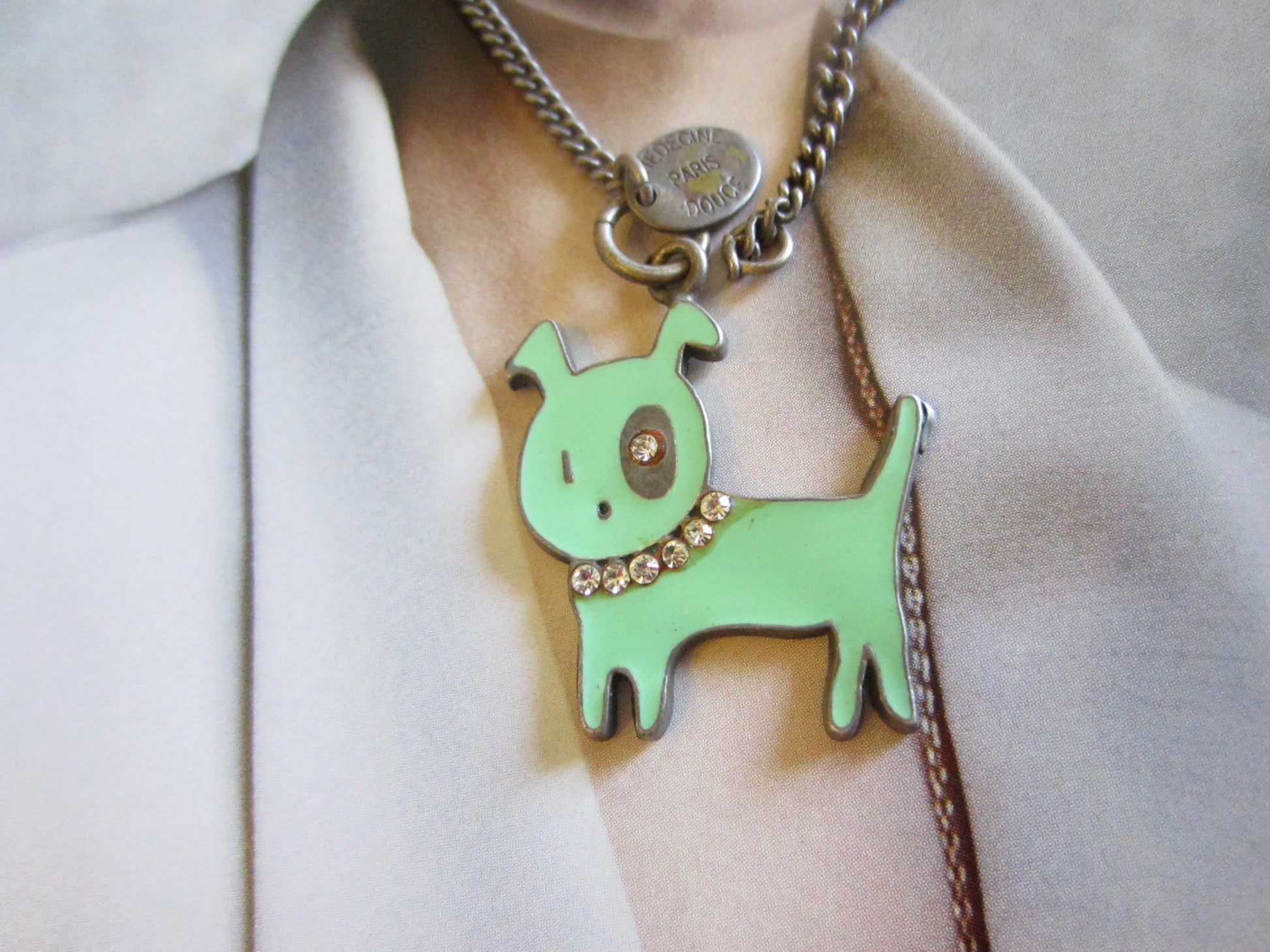 Medecine Paris Douce Green Dog Signed Pendant Link Chain Artisan Jewelry - Designer Unique Finds 