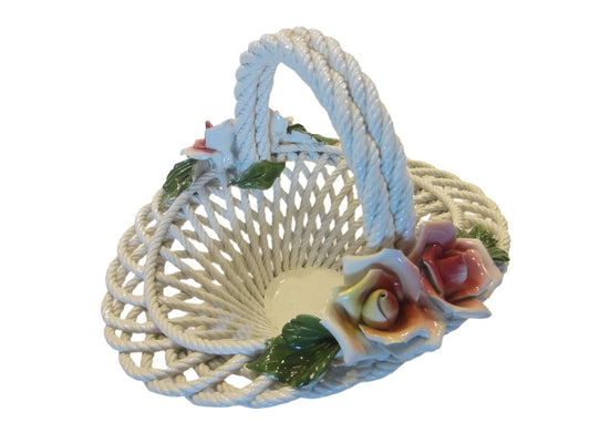 Italian White Porcelain Rose Basket Open Work Dramatic Weave Handle