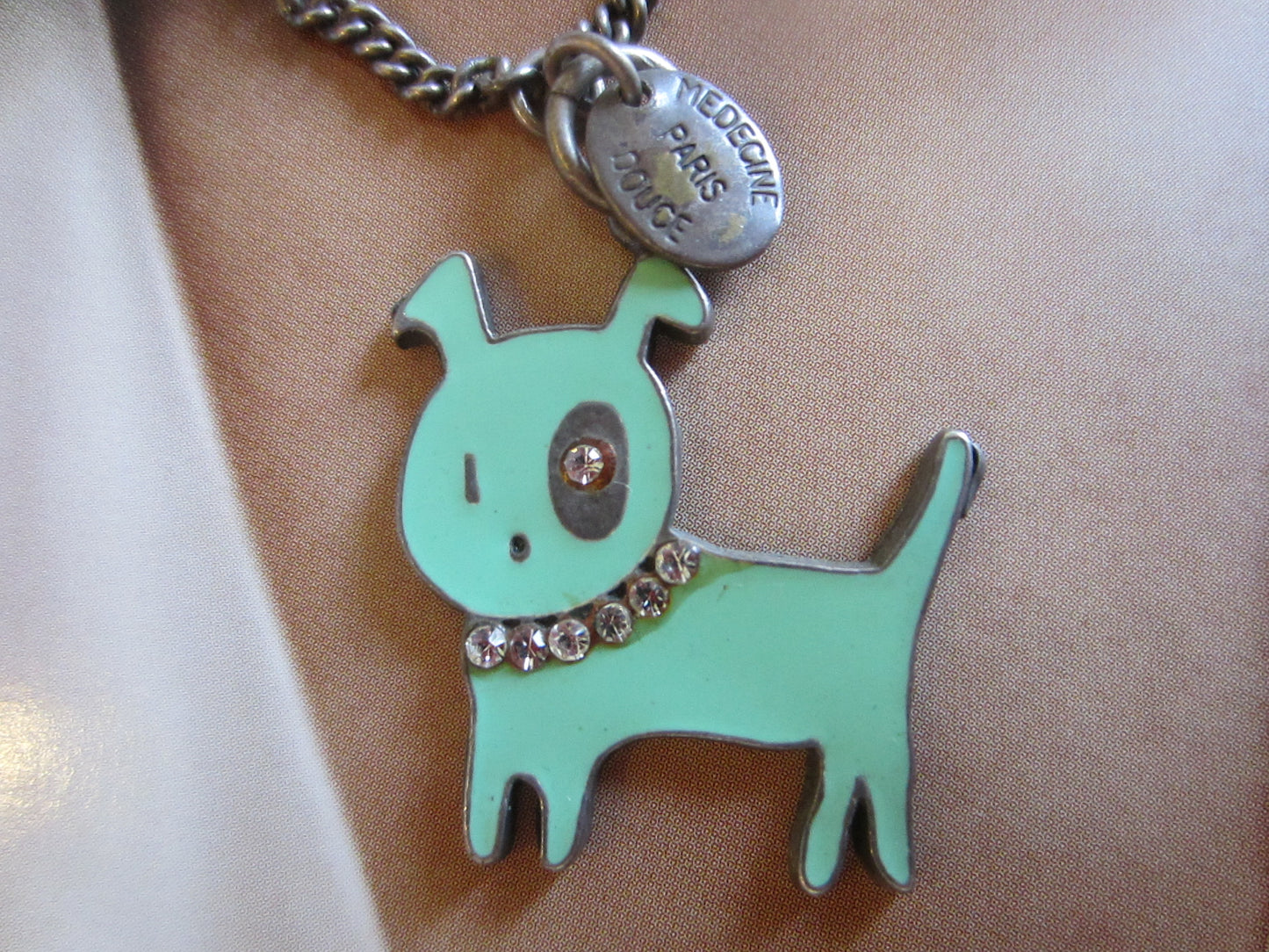 Medecine Paris Douce Green Dog Signed Pendant Link Chain Artisan Jewelry - Designer Unique Finds 