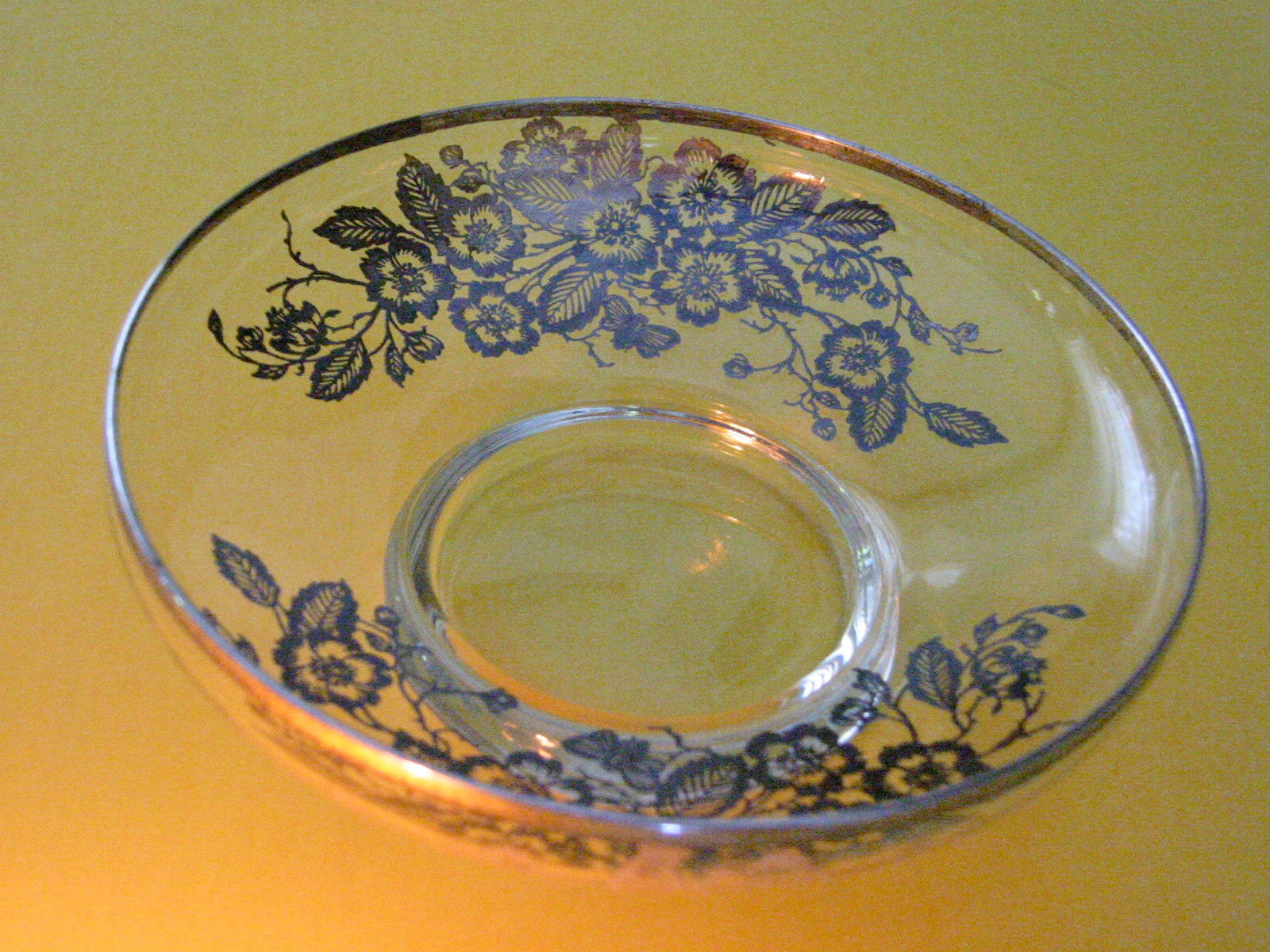 Silver Overlay Glass Condiment Dish Floral Decoration - Designer Unique Finds 