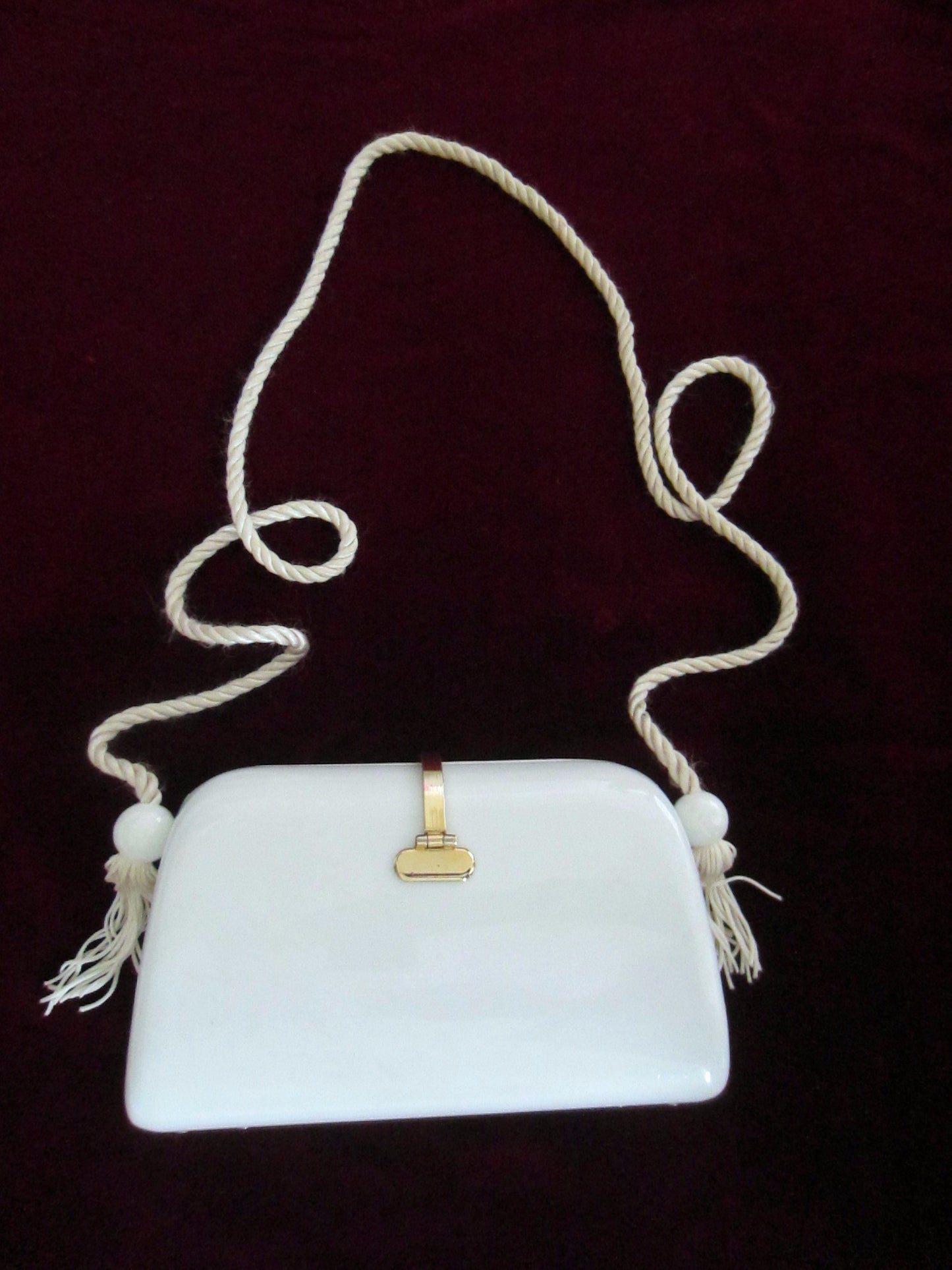 White Celluloid Cross Body Clutch Purse Tassel Design Strap Rope - Designer Unique Finds 