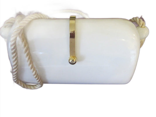 White Celluloid Cross Body Clutch Purse Tassel Design Strap Rope - Designer Unique Finds 