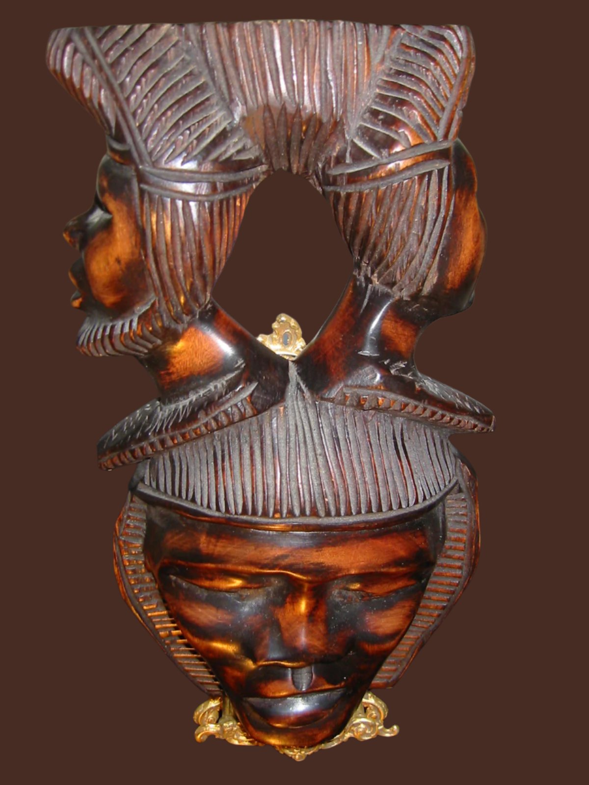 Three Heads Mask Carved On Wood Tribal Art - Designer Unique Finds 