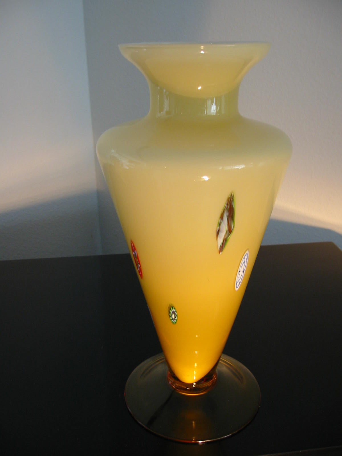 Venetian Abstract Millefiori Yellow Amber Glass Trumpet Vase - Designer Unique Finds 