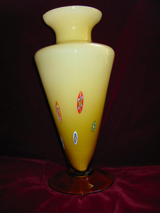 Venetian Abstract Millefiori Yellow Amber Glass Trumpet Vase - Designer Unique Finds 