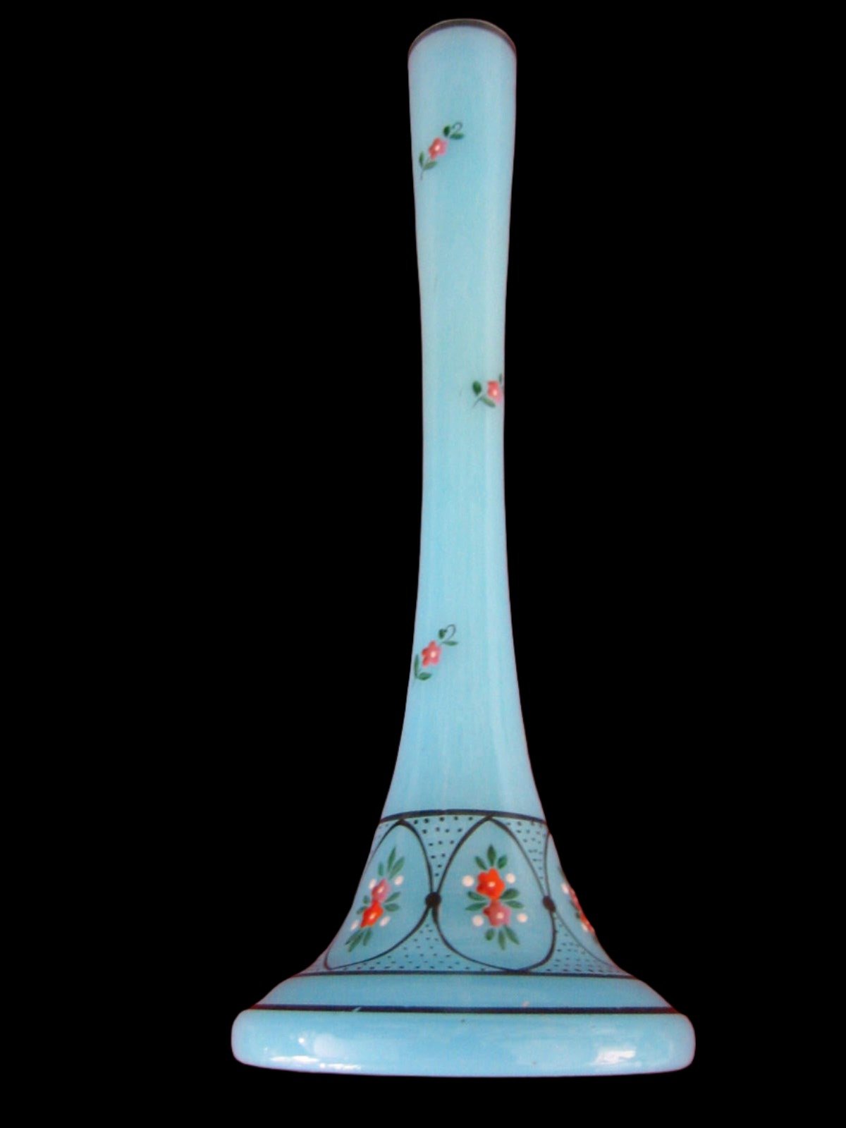 Czech Blue Glass Bud Vase Floral Enameling Hand Painted Beading - Designer Unique Finds 
 - 1