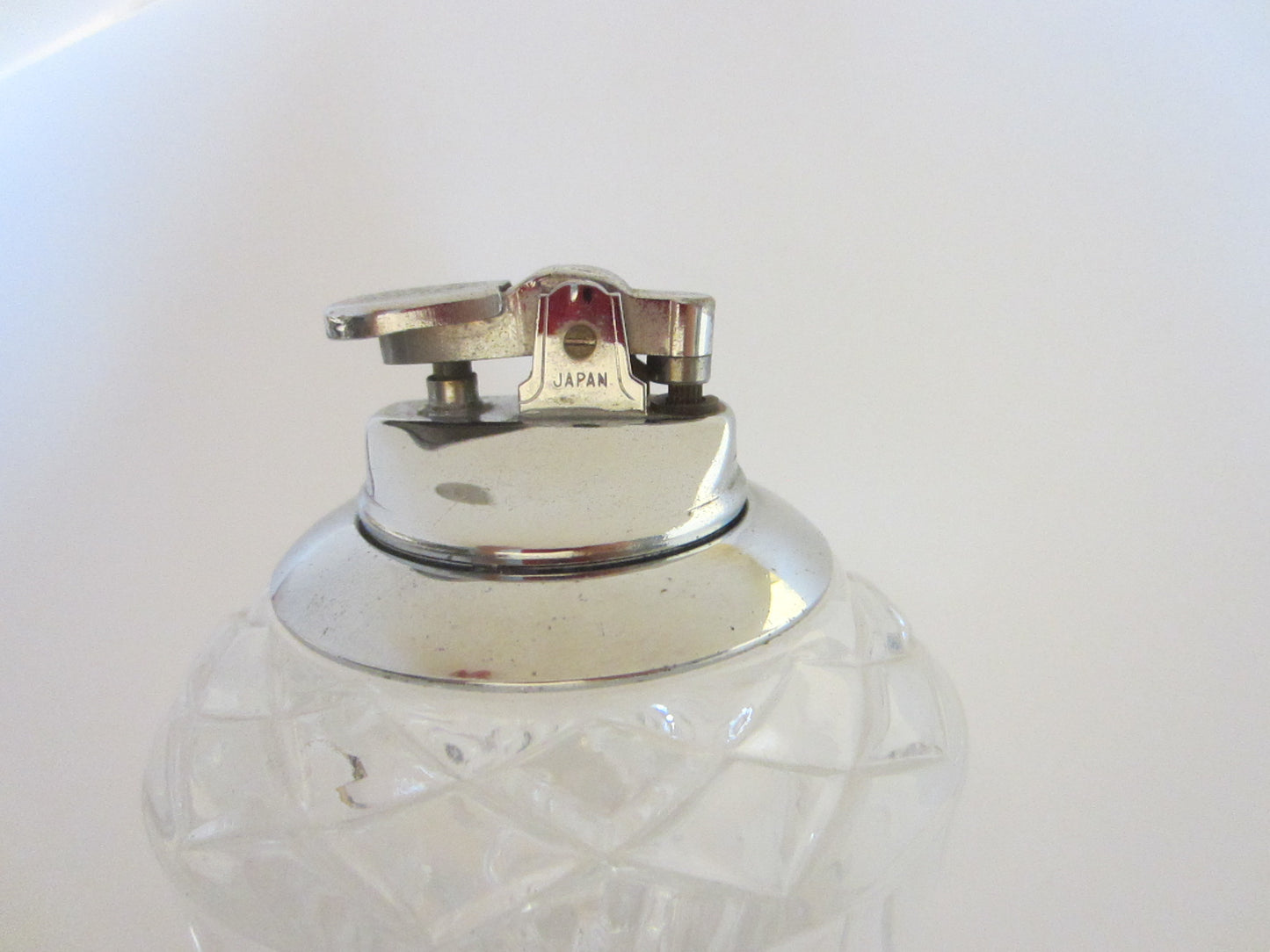 Cut Crystal Table Lighter White Metal Japan Movable Topper - Designer Unique Finds 