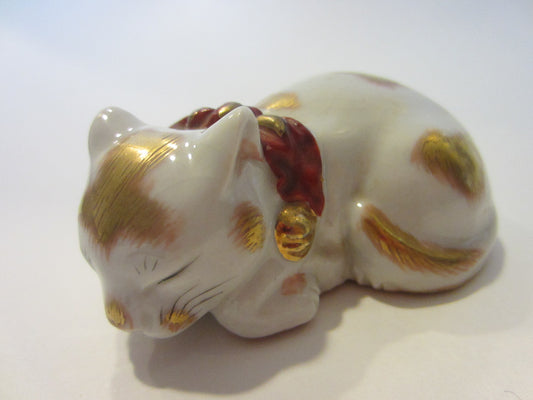 Japanese Ceramic Cat Signed Gold Decorated Red Accent Miniature Art - Designer Unique Finds 