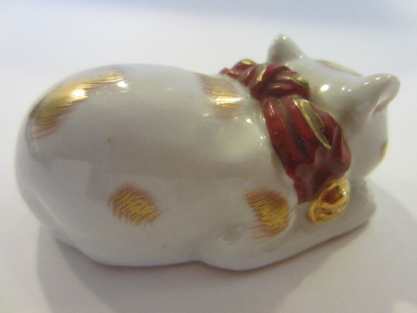 Japanese Ceramic Cat Signed Gold Decorated Red Accent Miniature Art - Designer Unique Finds 