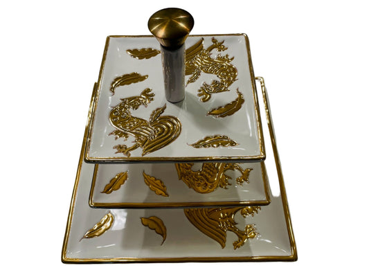 Gold Rooster Tri Level Porcelain Condiment Tray Exclusive of Saks Fifth Avenue